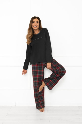 Italská móda dámské pyžamo tmavě melanžové, bavlna, dlouhý rukáv a kalhoty, kostkované