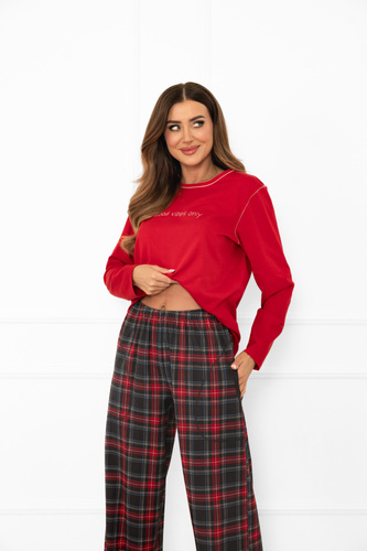 Dámské pyžamo Italian Fashion v červené barvě - bavlna, dlouhý rukáv a kalhoty, kostkované
