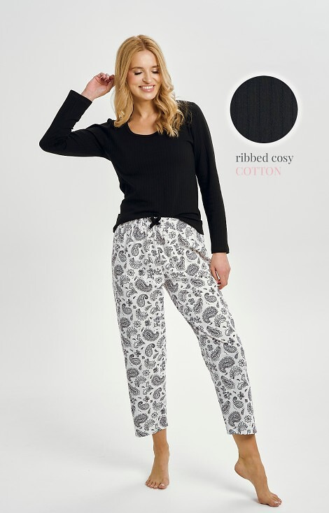 3454 Taro dámské bavlněné pyžamo černé - dlouhý rukáv, vzorované kalhoty