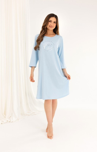 Bavlněná noční košile 167 modrá - 3/4 rukáv, potisk, rozšířená, pod kolena