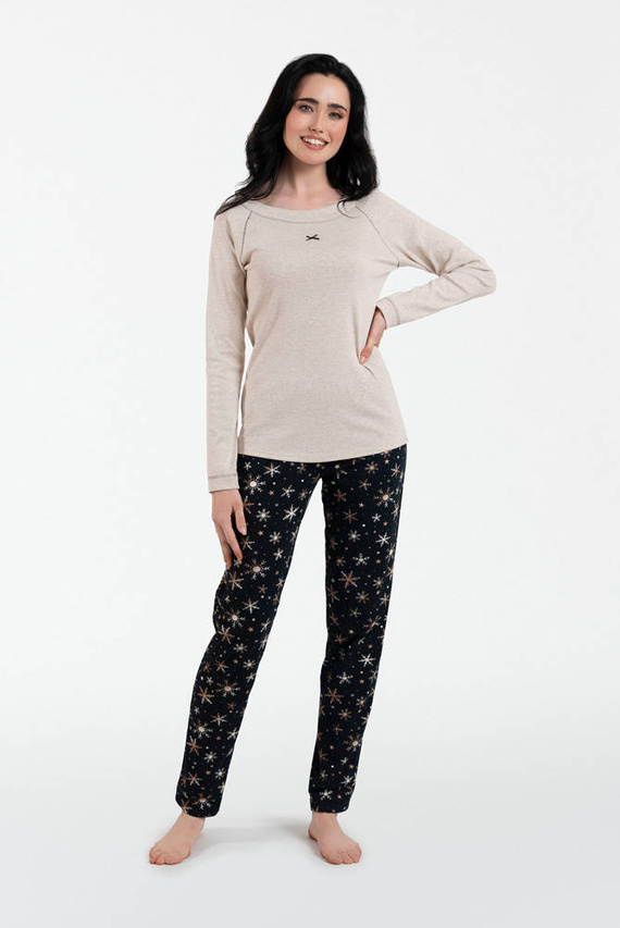 Denali Dámské pyžamo s dlouhým rukávem a dlouhými kalhotami Italian Fashion - béžová melanž/potisk