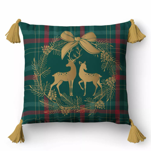 5380 Vánoční dekorativní povlak na polštář Detexpol sobi ve věnci na kostkovaném pozadí - zip