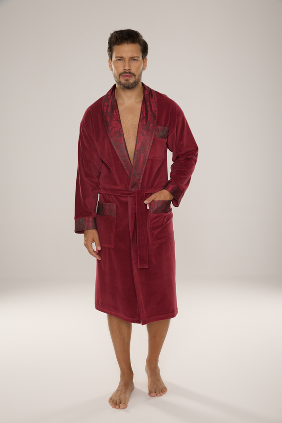 868 Noblesní pánský velurový župan De Lafense - elegantní, měkký, prémiový, vínový