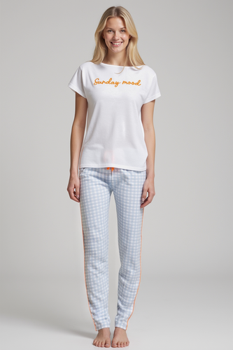 Dana Dámské pyžamo Sorbetto blue - 100% bavlna, krátký rukáv, kostkované kalhoty, komplet