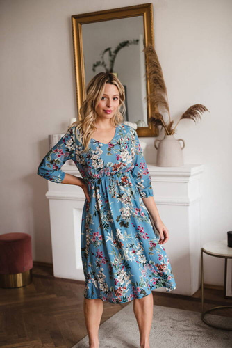 Lovely Dress Midi sukienka ciążowa i do karmienia rękaw 3/4 Milk&Love błękitna w kwiaty