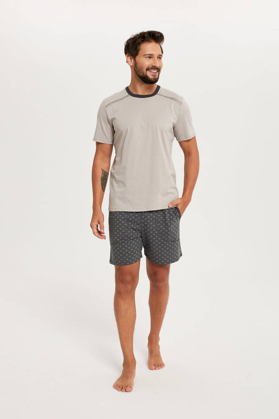 Abel Pánské pyžamo s krátkým rukávem, šortky Italian Fashion - béžová/potisk