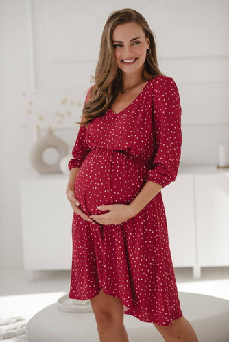 Lovely Dress Midi sukienka ciążowa i do karmienia rękaw 3/4 Milk&Love czerwona w groszki