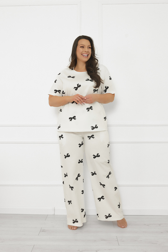 Dámské pyžamo Figaro - ecru, bavlna, krátký rukáv + dlouhé kalhoty Italian Fashion