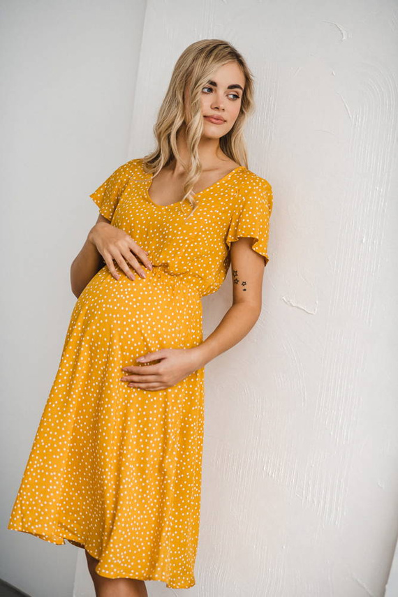 Lovely Dress Midi sukienka ciążowa i do karmienia krótki rękaw Milk&Love musztardowy w groszki