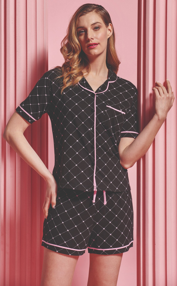 Coraline Dámské pyžamo Sorbetto černé - košilový top, krátké šortky, 100% bavlna