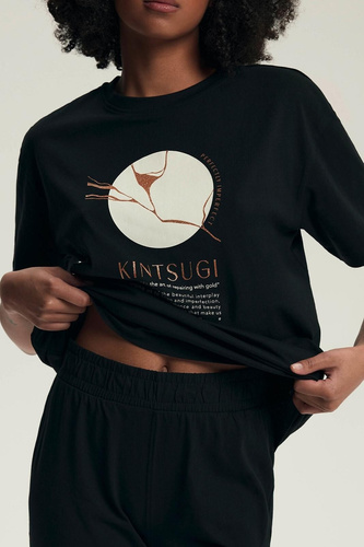 Dámské pyžamo 43728 Dairoku černé - bavlna, krátký rukáv, rybářské kalhoty