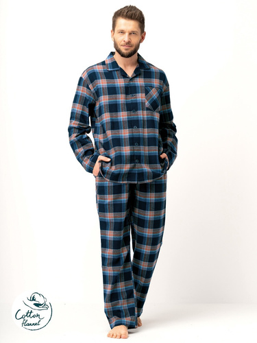 Pánské pyžamo Key MNS 431 navy blue - bavlněný flanel, dlouhý rukáv, zapínání na knoflíky