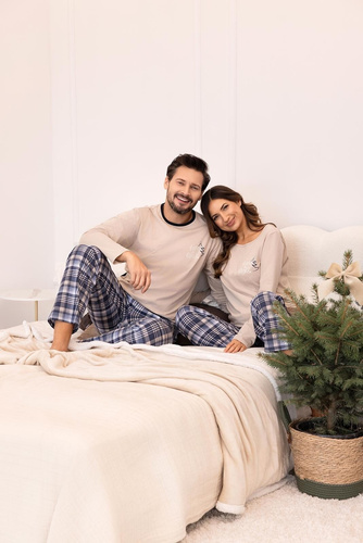 Dámské pyžamo Regina 743 béžová bavlna, délka. rukávy, potisk, kostkované kalhoty