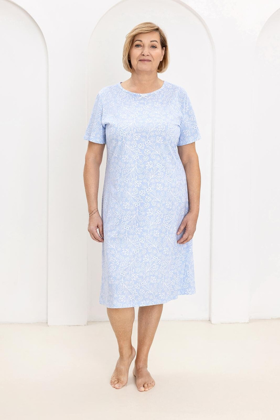 169 Noční košile Regina modrá - bavlna, květinový vzor, půlkruhový výstřih