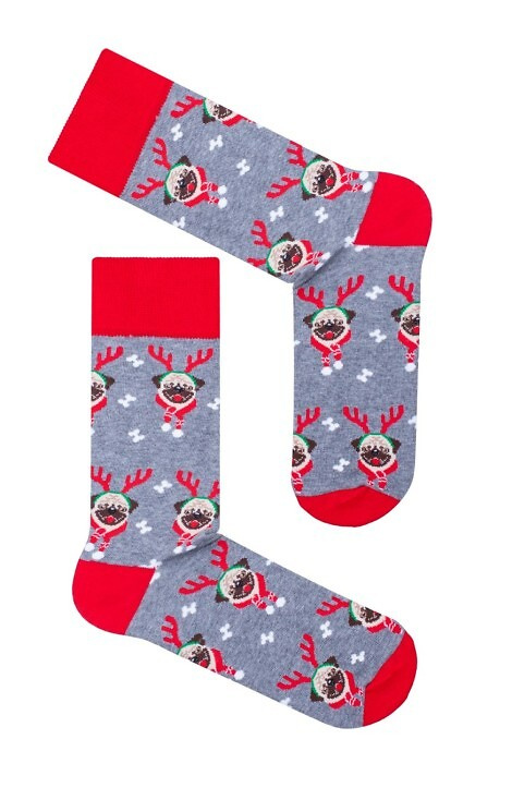 1290-036 Pánské ponožky Mopsy Milena šedé-vánoční-barevné-bavlněné ponožky