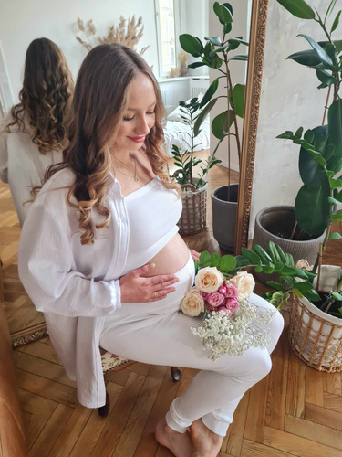 3411C/E Těhotenské legíny s vysokým pasem a žebrováním - pohodlí a styl v jednom - barva ecru