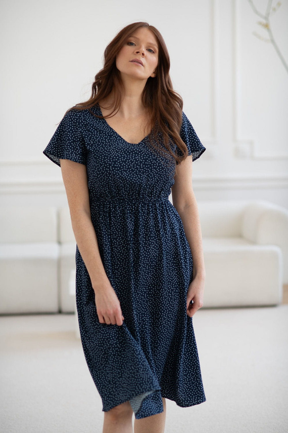 Lovely Dress Midi sukienka ciążowa i do karmienia krótki rękaw Milk&Love granatowa w groszki