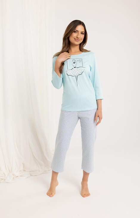 716 Dámské pyžamo Regina tyrkysová - bavlna, 3/4 rukáv, 7/8 vzorované kalhoty