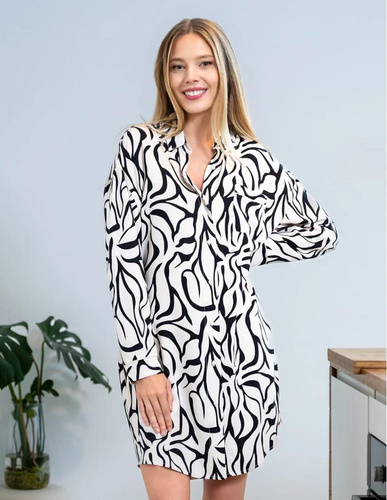 PDK4800-003 Moraj krémová noční košile - viskóza, dlouhý rukáv, zapínání na knoflíky