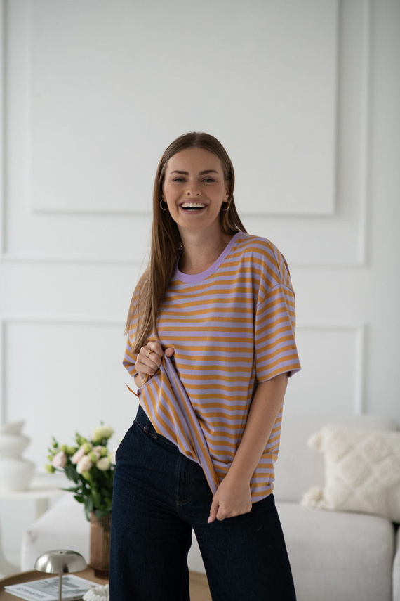 Mamahood Těhotenské a kojící tričko Milk&Love medové a lila pruhy - pohodlné a stylové