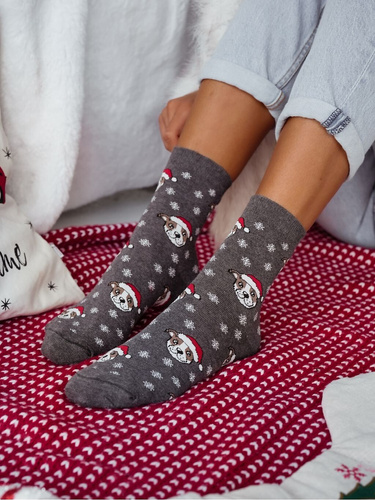 1283-039 Ponožky Milena - slavnostní dámské ponožky s buldočky a sněhovými vločkami, tmavý melír