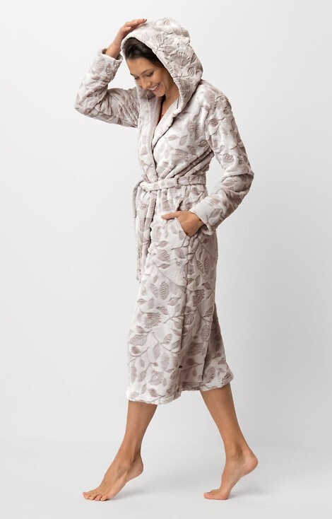 LGL 545 Klíčový dámský župan ecru-mocca - měkký, s kapucí, zavazuje se v pase