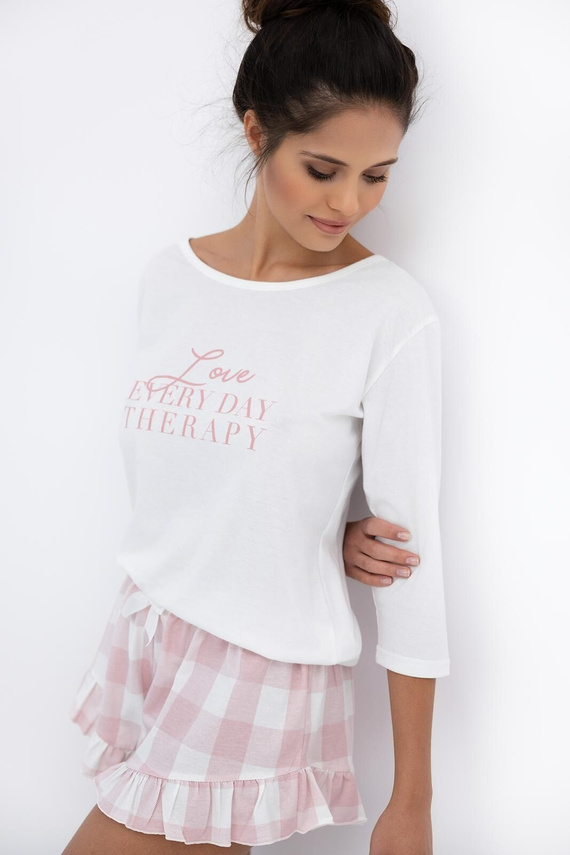 Emily Sensis - Dámské bavlněné pyžamo | 3/4 tričko a kostkované šortky s volánkem