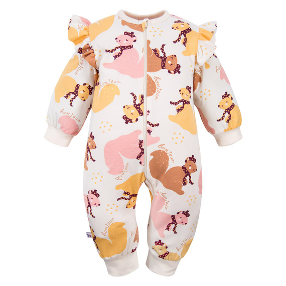 Fluffy Tails Eevi dětská pyžamka - ecru, potisk, bez nožiček, zapínání na zip