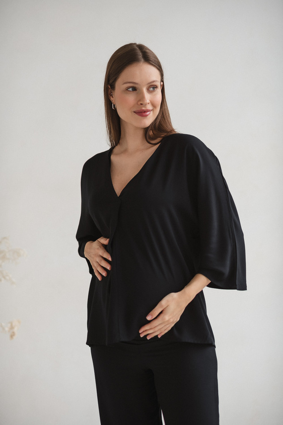 Mamafullness Těhotenská halenka pro kojící ženy Milk&Love černá- viskóza, 3/4 rukáv, oversize