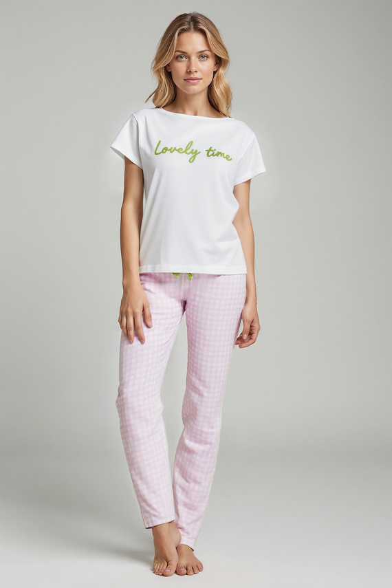 Dana Dámské pyžamo Sorbetto pink - 100% bavlna, krátký rukáv, kostkované kalhoty, komplet