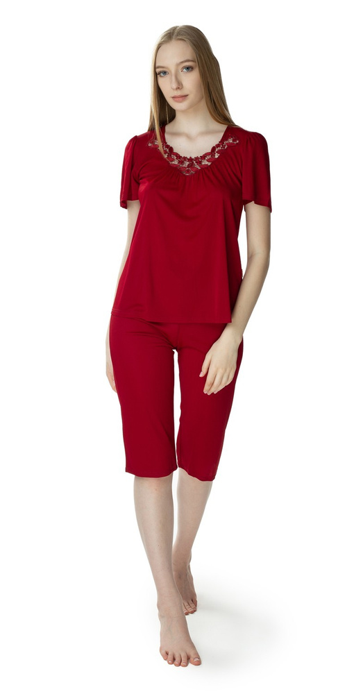 3639 Matylda Dámské pyžamo Mewa vínově-viskozové hedvábí, polský výrobek, 3/4 délka