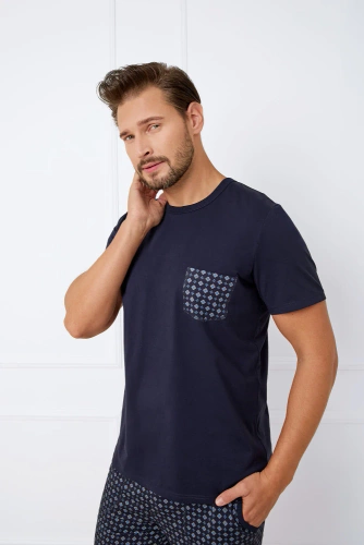 Rajmund Pánské pyžamo s krátkým rukávem, šortky Italská móda - tmavě modrá/potisk