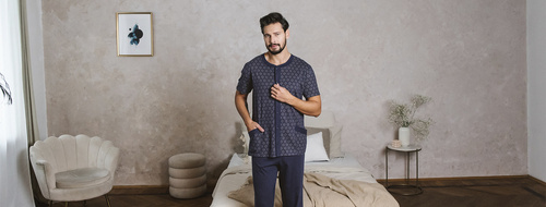 Ricardo Pánské pyžamo s krátkým rukávem a dlouhými kalhotami Italian Fashion - tmavě modré