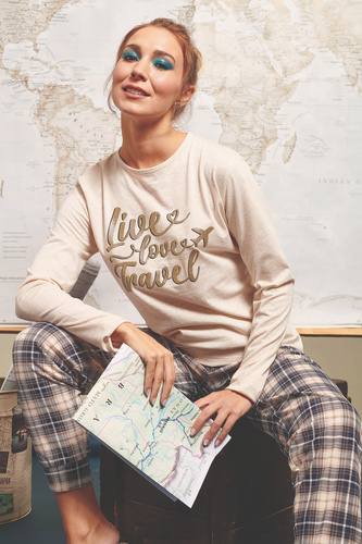 Bessy Dámské pyžamo Sorbetto beige - žerzej, zlatý potisk, kostkované kalhoty