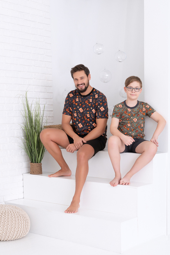 Westernové chlapecké pyžamo s krátkým rukávem, kalhoty Italian Fashion - olivová/grafitová barva