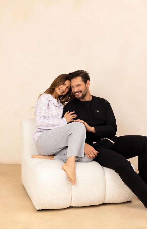 727 Dámské pyžamo Regina šedá - 100% bavlna, kostkovaná košile, zapínání na knoflíky