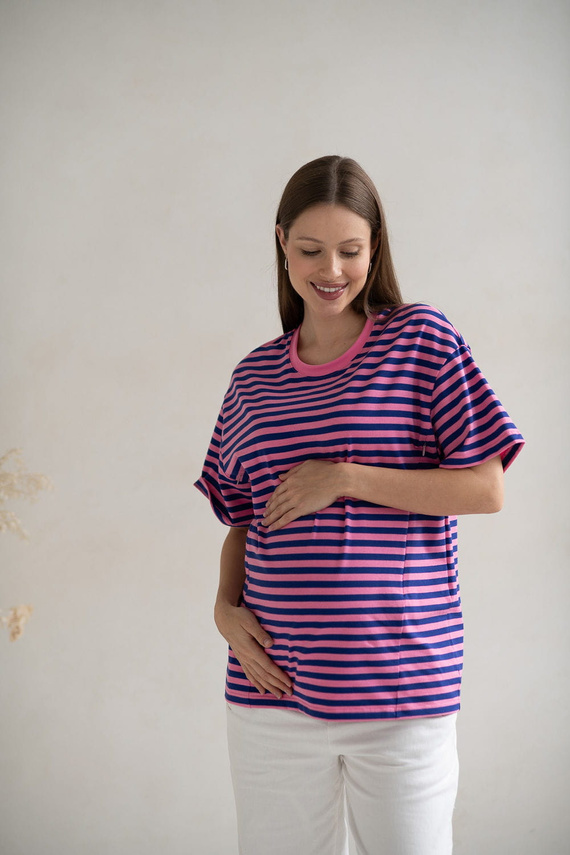 Mamahood Milk&Love růžové a modré pruhované těhotenské a kojící tričko - pohodlné a stylové