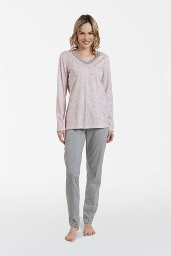 Simona Dámské pyžamo s dlouhým rukávem a dlouhé kalhoty Italian Fashion - potisk/melanžová barva
