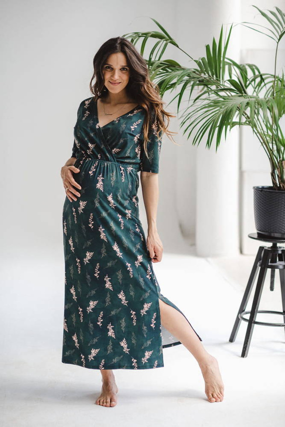 Sukienka ciążowa i do karmienia Two Ways LONG Milk&Love butelkowa zieleń w gałązki