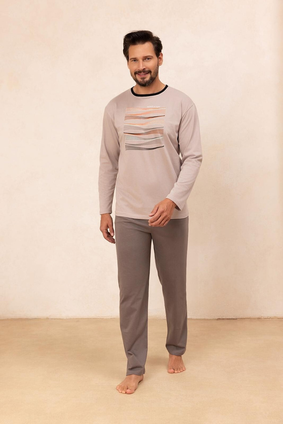 Regina 492 béžová - pánské bavlněné pyžamo s dlouhým rukávem, klasický střih