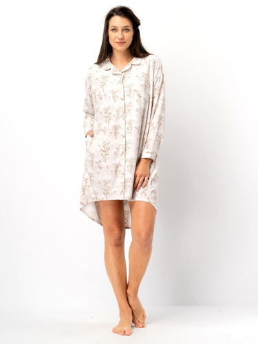 Noční košile LND 567 Key beige - dlouhý rukáv, zapínání na knoflíky, polyester