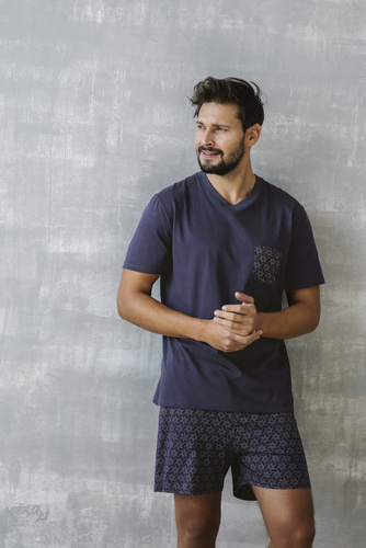 Diaz Pánské pyžamo s krátkým rukávem, šortky Italian Fashion - námořnická modř/potisk