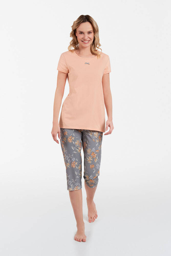 Kasali Dámské pyžamo s krátkým rukávem a 3/4 kalhotami Italian Fashion - lososový/potisk