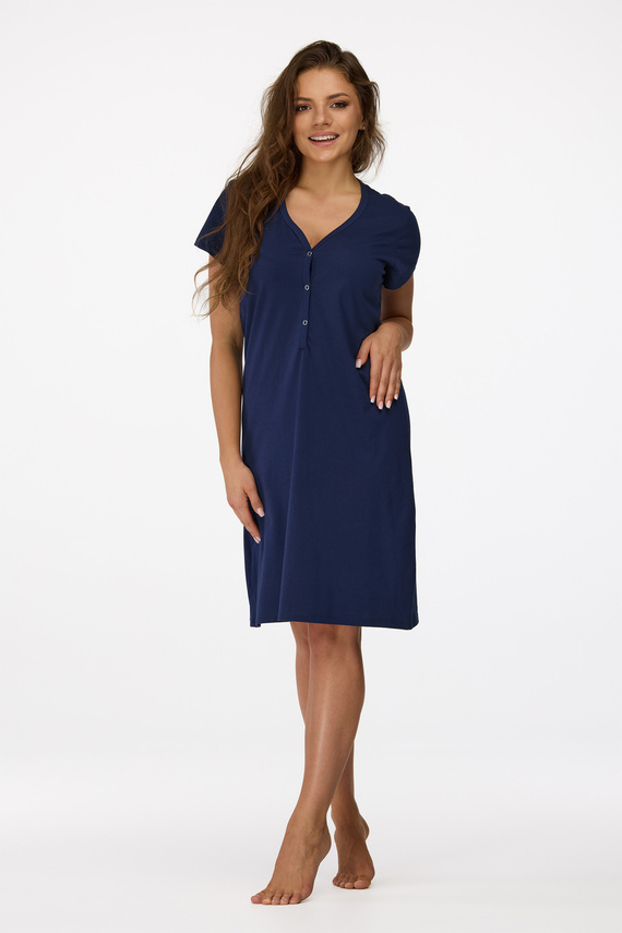 ne. 16 Těhotenská noční košile Senizo navy blue - 100% bavlna, krátký rukáv, zapínání na knoflíky při kojení