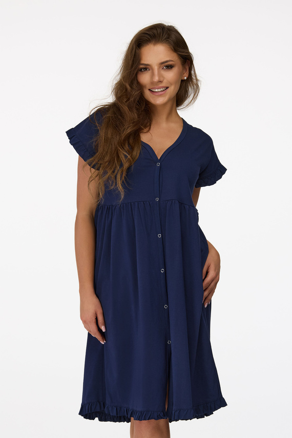 ne. 21 Těhotenská noční košile Senizo navy blue - 100% bavlna, krátký rukáv, zapínání na knoflíky při kojení