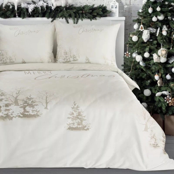 Vánoční povlečení se sněhovými vločkami v bílé zimní krajině z mikrovlákna Eurofirany - měkké, lehké a snadno udržovatelné, se zapínáním na zip
