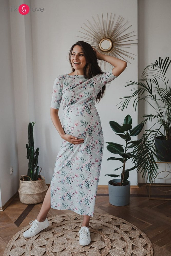 Sukienka ciążowa i do karmienia Two Ways LONG Milk&Love miętowa w magnolie i ptaki