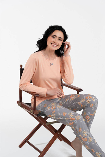 Kasali Dámské pyžamo a kalhoty s dlouhým rukávem Italian Fashion - lososová/potisk