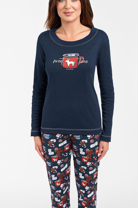 Makala Dámské pyžamo s dlouhým rukávem a dlouhé kalhoty Italian Fashion - tmavě modrá/potisk