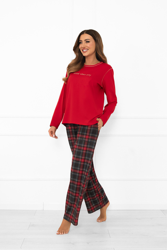 Dámské pyžamo Italian Fashion v červené barvě - bavlna, dlouhý rukáv a kalhoty, kostkované